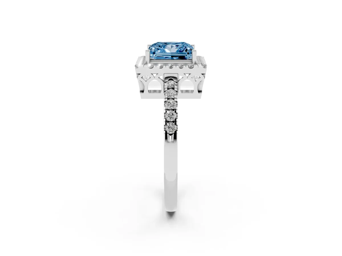 Fancy Blue Princess Cut Halo Diamond Engagement Ring with Pavé Band and Four-Prong Setting Platinum
