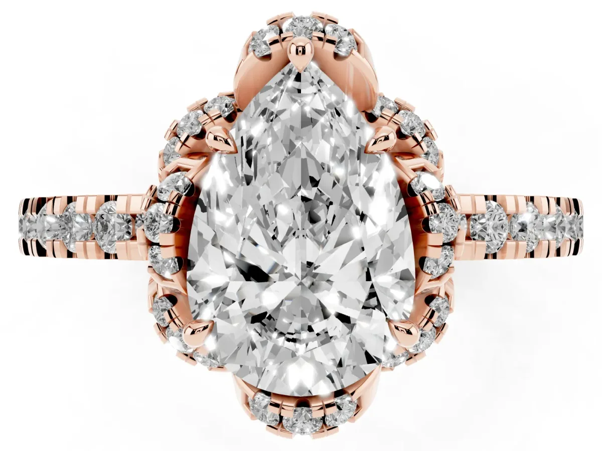 Pear Cut Diamond Halo Pave Band with Four-Prong Setting Rose gold
