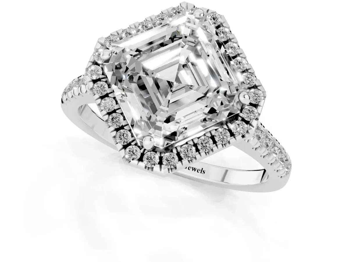 Asscher Cut Diamond Cushion Halo Ring with Pavé Band Silver