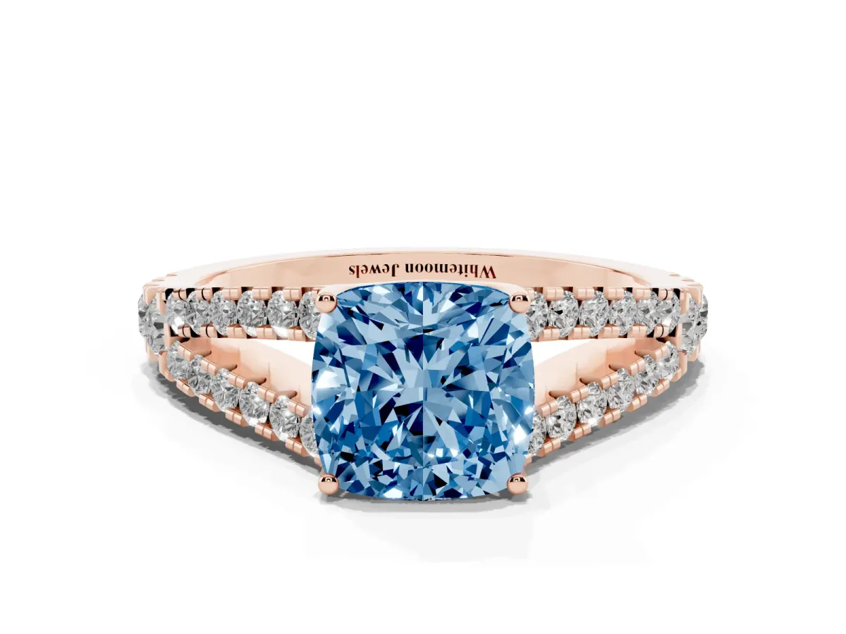Fancy Blue Cushion Cut Diamond Split Shank Pavé Engagement Ring with Four-Prong Setting Rose gold