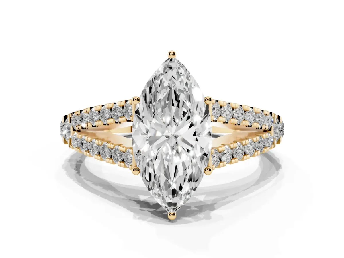 Marquise Cut Diamond Split Shank Engagement Ring with Round Pavé and Prong Setting Yellow gold
