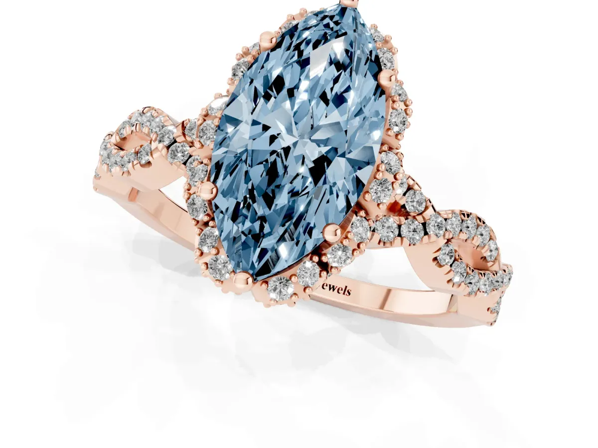 Fancy Blue Marquise Cut Halo Twist Band Solitaire Ring with Six-Prong Setting Rose gold