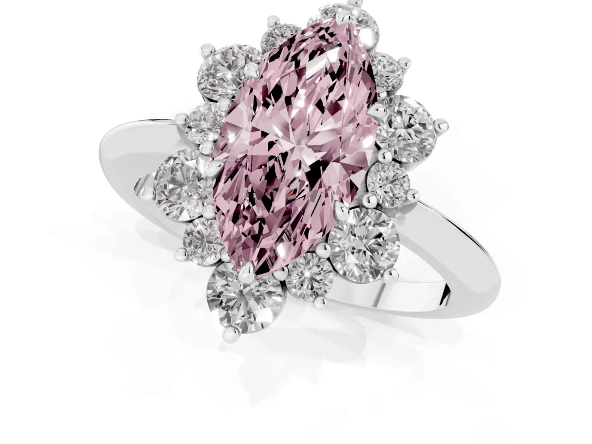 Fancy Pink Marquise Cut Diamond Cluster Halo Ring with Solitaire Band and Four-Prong Setting Silver