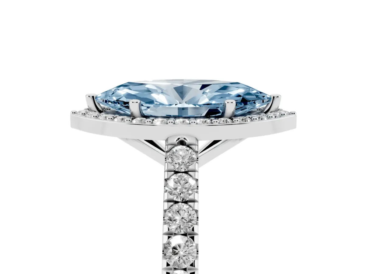 Fancy Blue Marquise Cut Cut Halo Diamond Engagement Ring with Pave Band and Four-Prong Setting Silver