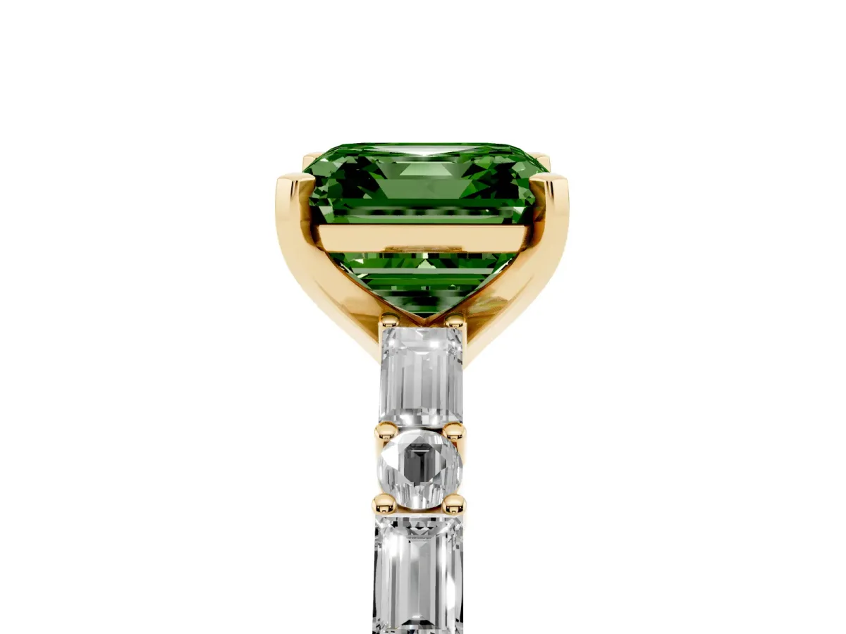Fancy Green Asscher Cut Diamond Solitaire with Side Baguettes and Channel Set Band Yellow gold