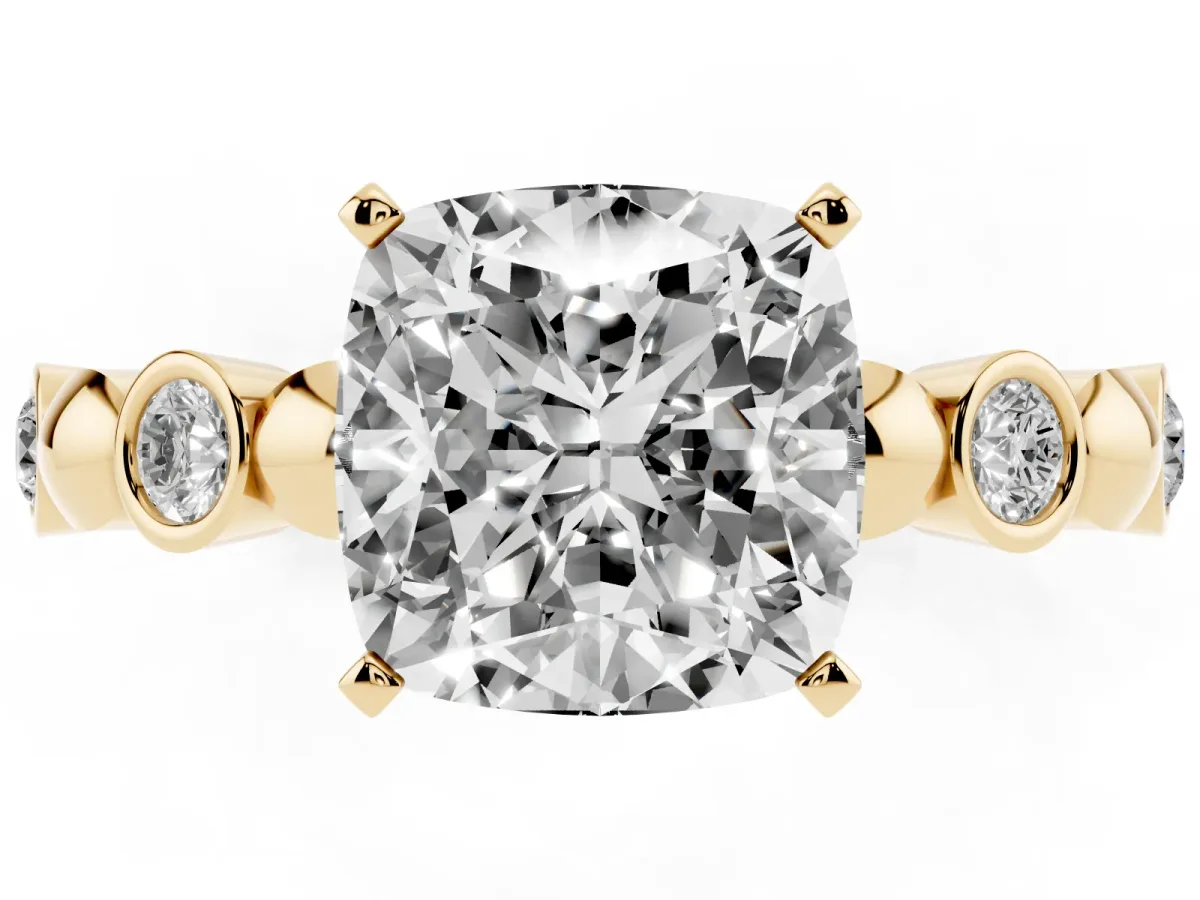 Cushion Cut Solitaire Bezel-Set Diamond Ring with Beaded Band and Four-Prong Setting Yellow gold