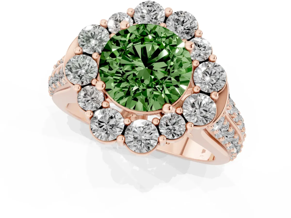 Fancy Green Round Cut Halo Diamond Engagement Ring with Split Shank and Prong Setting Rose gold