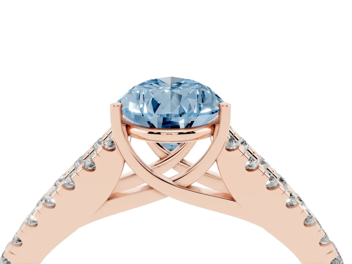 Fancy Blue Pear Cut Diamond Split Shank Pavé Engagement Ring with Four-Prong Setting Rose gold