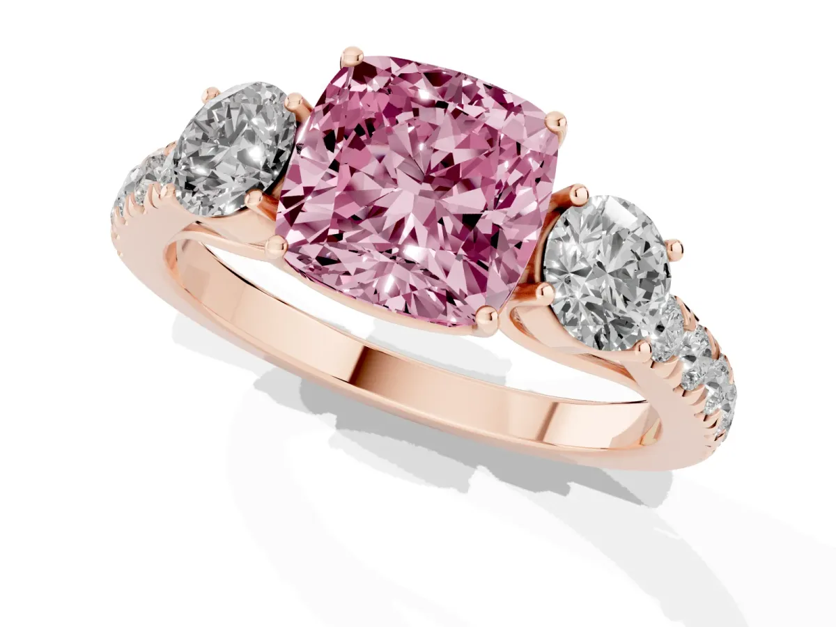 Fancy Pink Cushion Cut Cut Diamond Three-Stone Ring with Round Side Stones and Pavé Band Rose gold