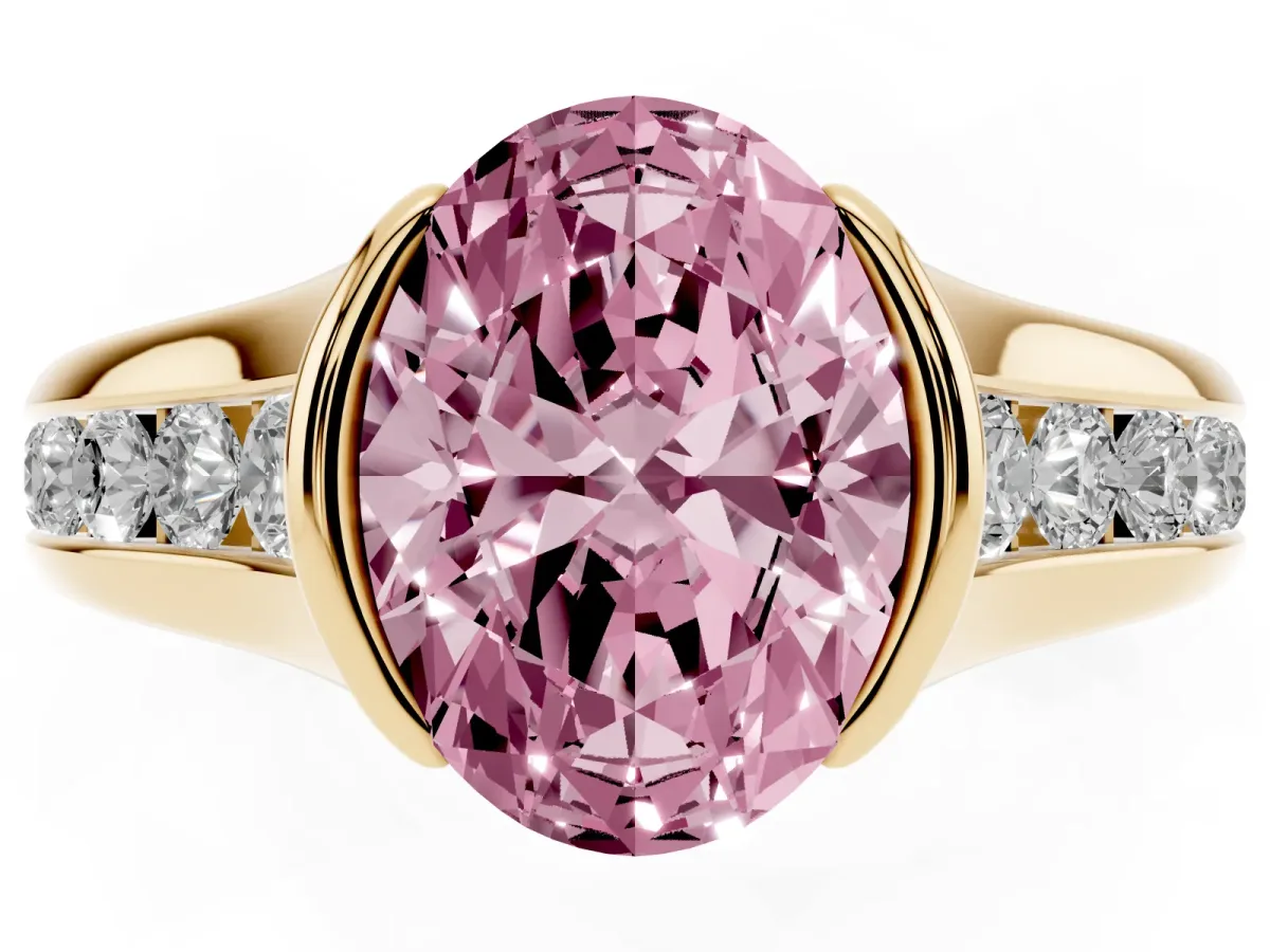 Fancy Pink Oval Cut Solitaire Bezel-Set Diamond Ring with Channel-Set Band Yellow gold