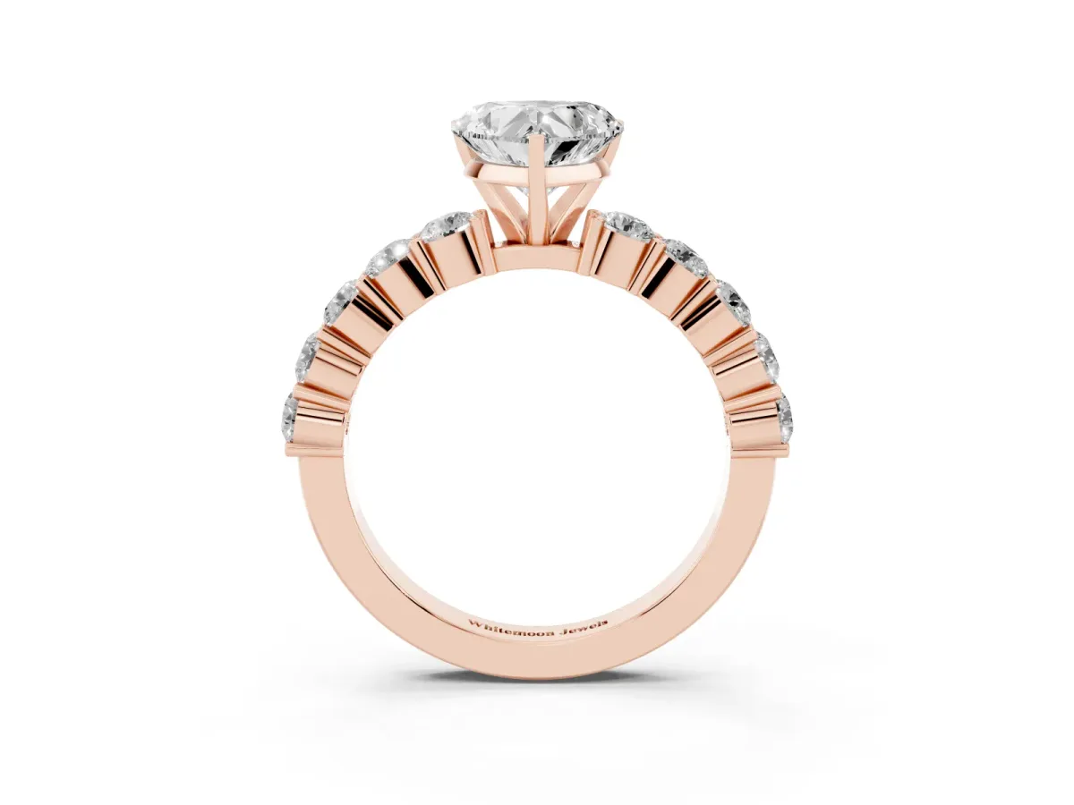 Heart Cut Diamond Solitaire Ring with Shared Prong Round Side Stones Rose gold