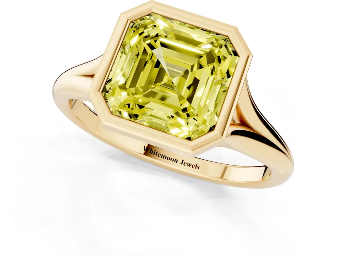 Fancy Yellow Bezel Set Asscher Cut Cut Solitaire Ring with Tapered Band Yellow gold