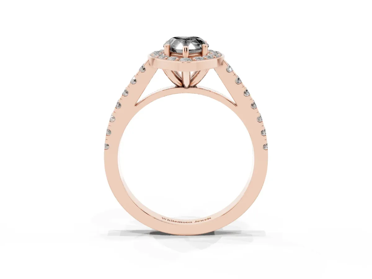 Fancy Black Pear Cut Diamond Halo Ring with Round Pavé Split Shank and Prong Setting Rose gold