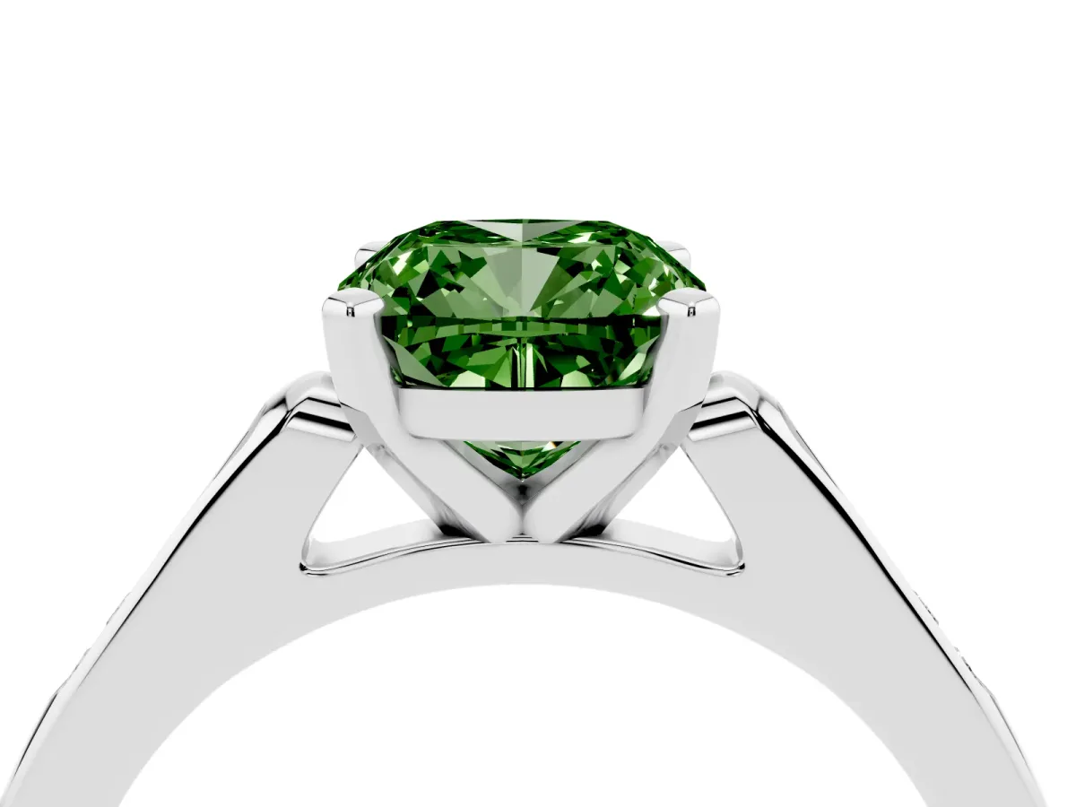 Fancy Green Cushion Cut Diamond Solitaire Ring with Channel Set Round Band and Prong Setting Silver