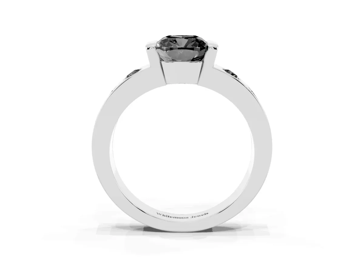 Fancy Black Cushion Cut Brilliant Channel-Set Diamond Ring with Bezel Prong Setting Silver