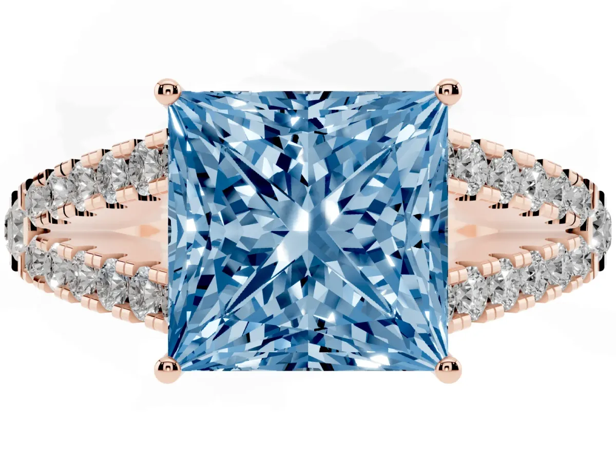Fancy Blue Princess Cut Diamond Split Shank Engagement Ring with Round Pavé and Prong Setting Rose gold
