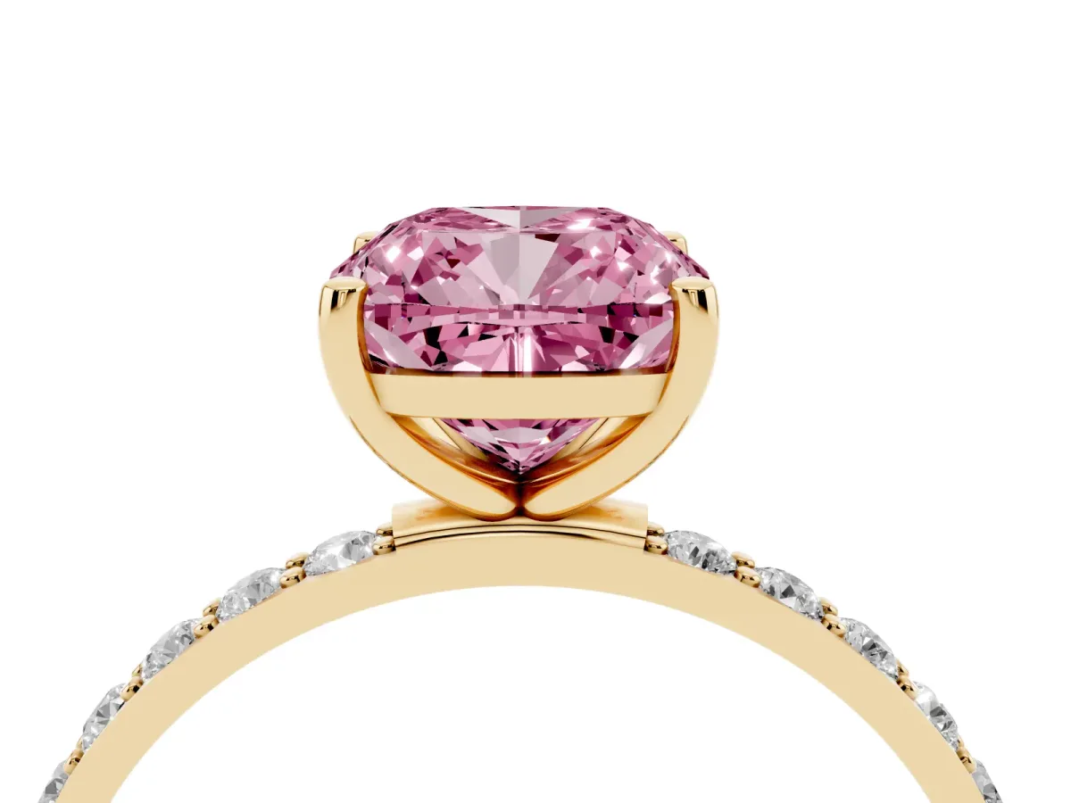 Fancy Pink Cushion Cut Diamond Solitaire Ring with Round Pavé Shoulders and Prong Setting Yellow gold