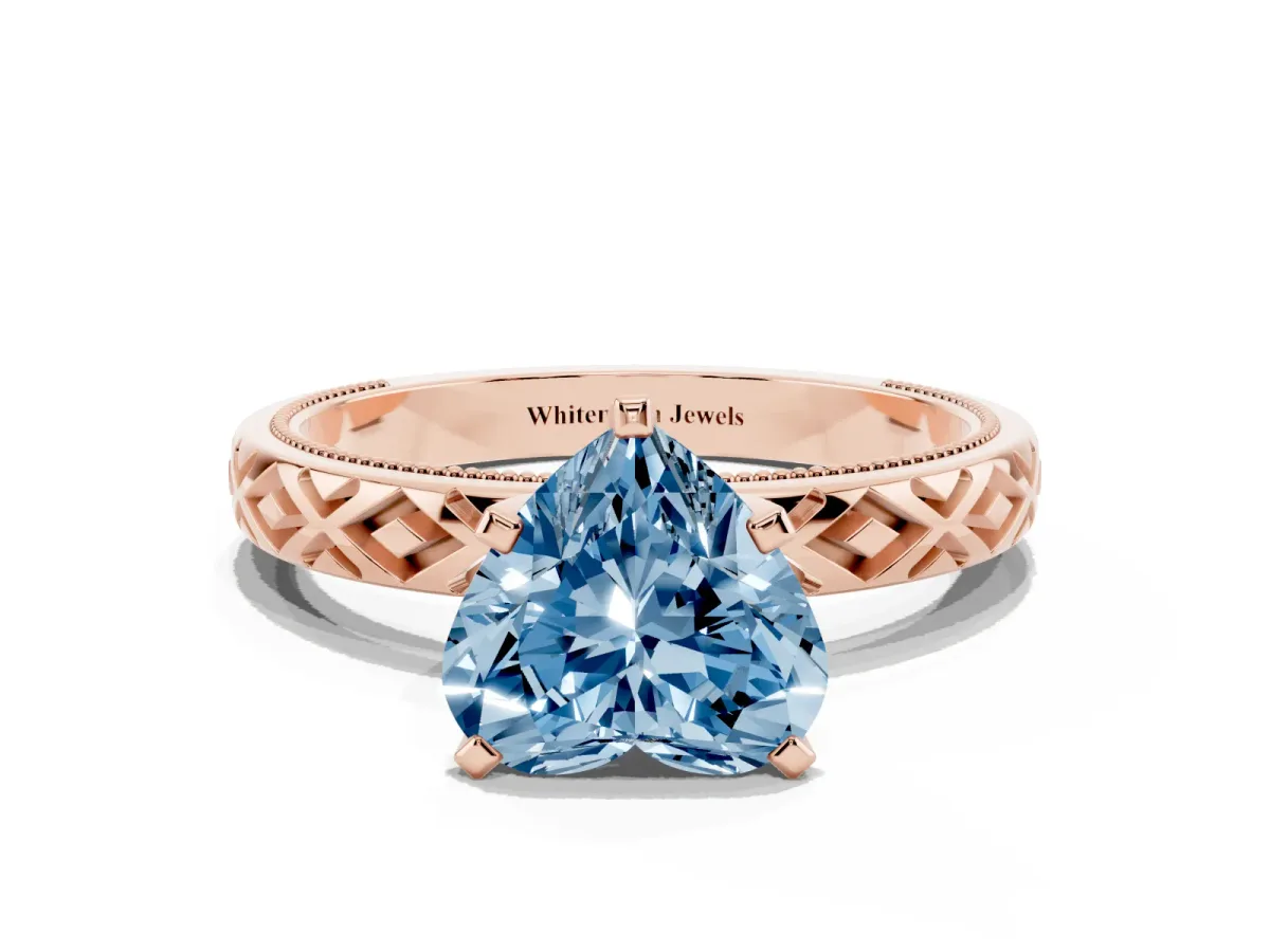 Fancy Blue Heart Cut Solitaire Diamond Ring with Milgrain and Black Enamel X Pattern Band Rose gold