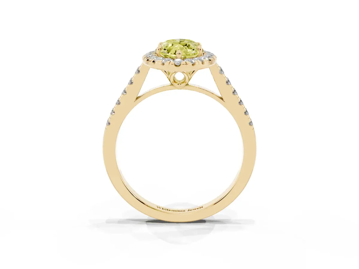 Fancy Yellow Marquise Cut Halo Pavé Diamond Engagement Ring with Four-Prong Setting Yellow gold