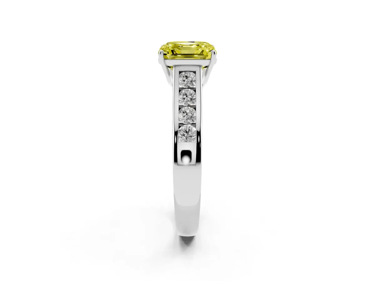 Fancy Yellow Asscher Cut Brilliant Channel-Set Solitaire Ring with Four-Prong Setting Silver
