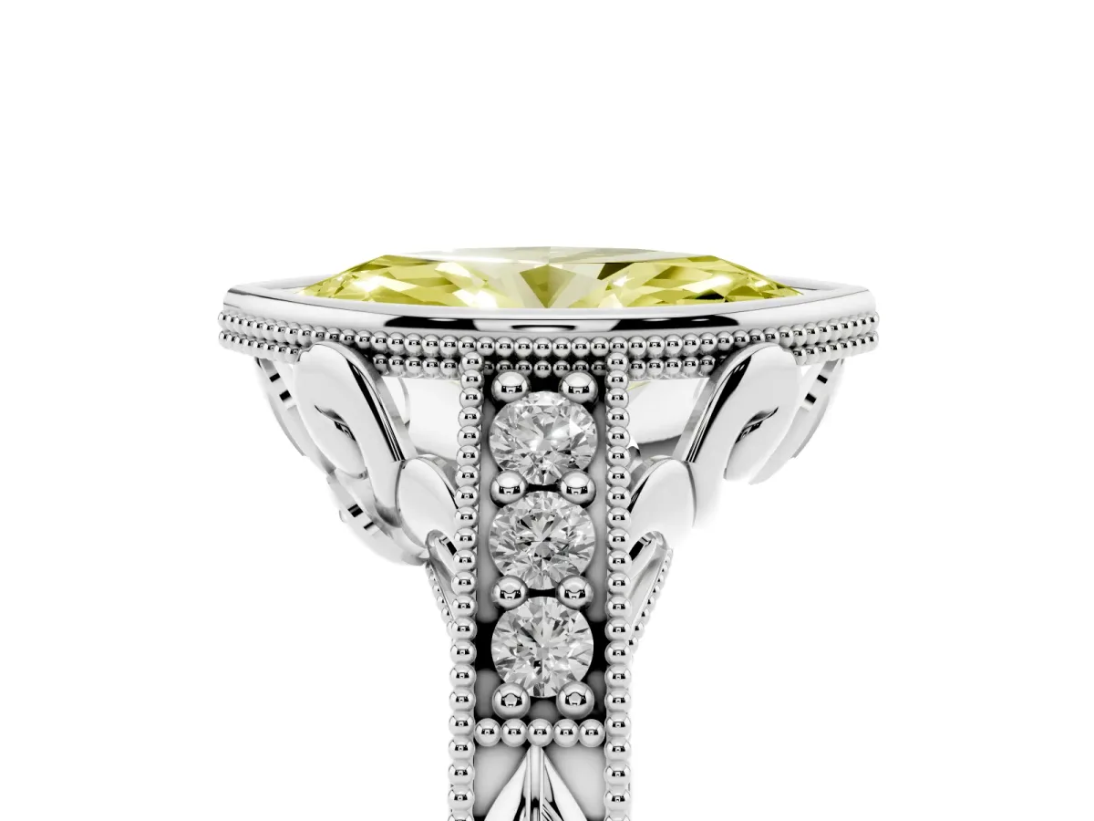 Fancy Yellow Bezel Set Marquise Cut Diamond Milgrain Pave Engagement Ring Silver