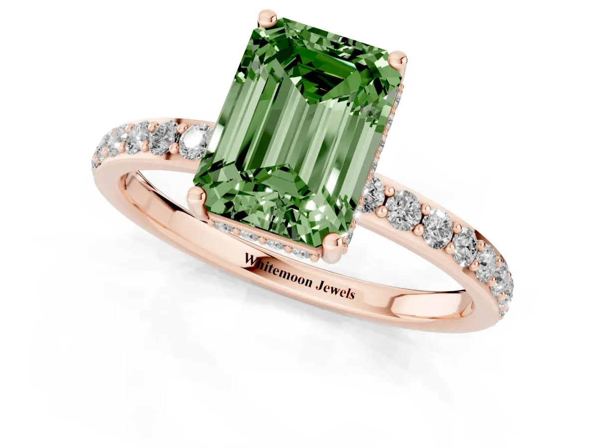 Fancy Green Emerald Cut Diamond Solitaire Ring with Pavé Band and Hidden Halo Rose gold