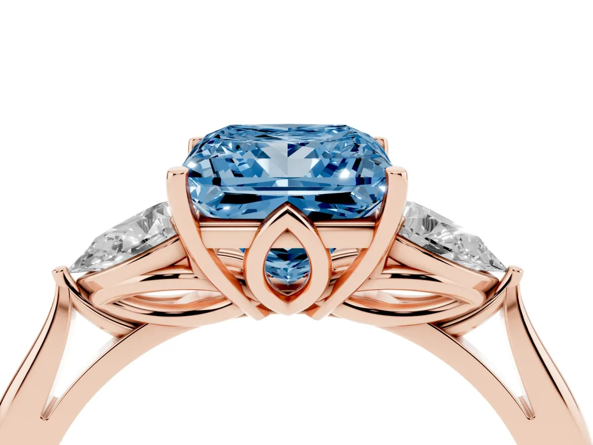 Fancy Blue Three-Stone Princess Cut Brilliant Diamond Solitaire Ring with Tapered Band and Four-Prong Setting Rose gold