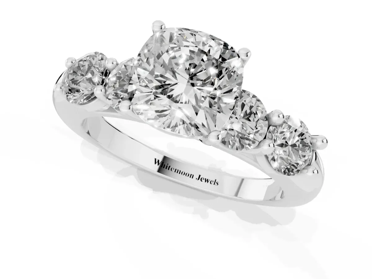Cushion Cut Cut Five-Stone Prong Set Diamond Ring with Classic Band Silver