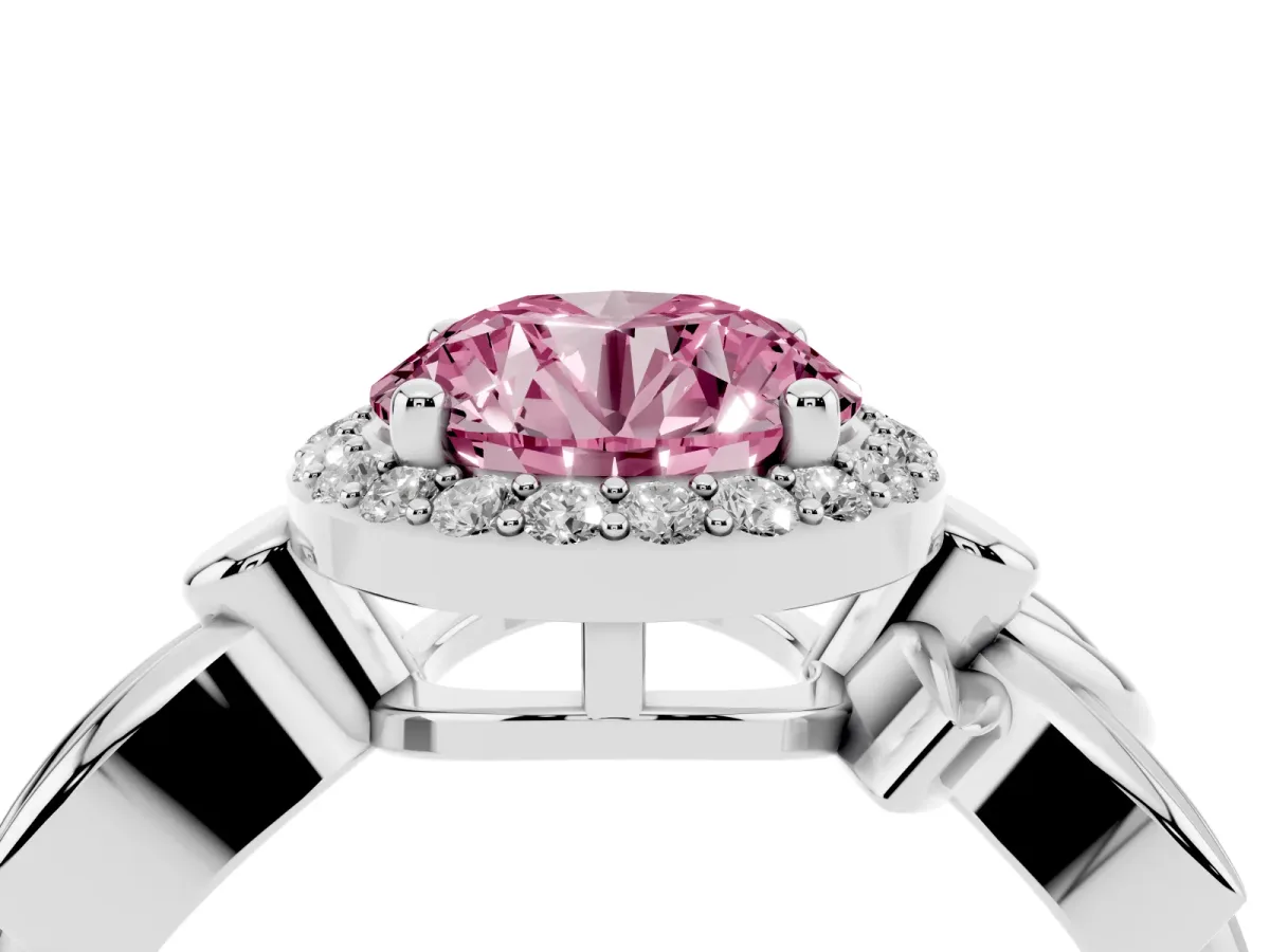 Fancy Pink Round Cut Halo Diamond Floral Band with Four-Prong Setting White gold