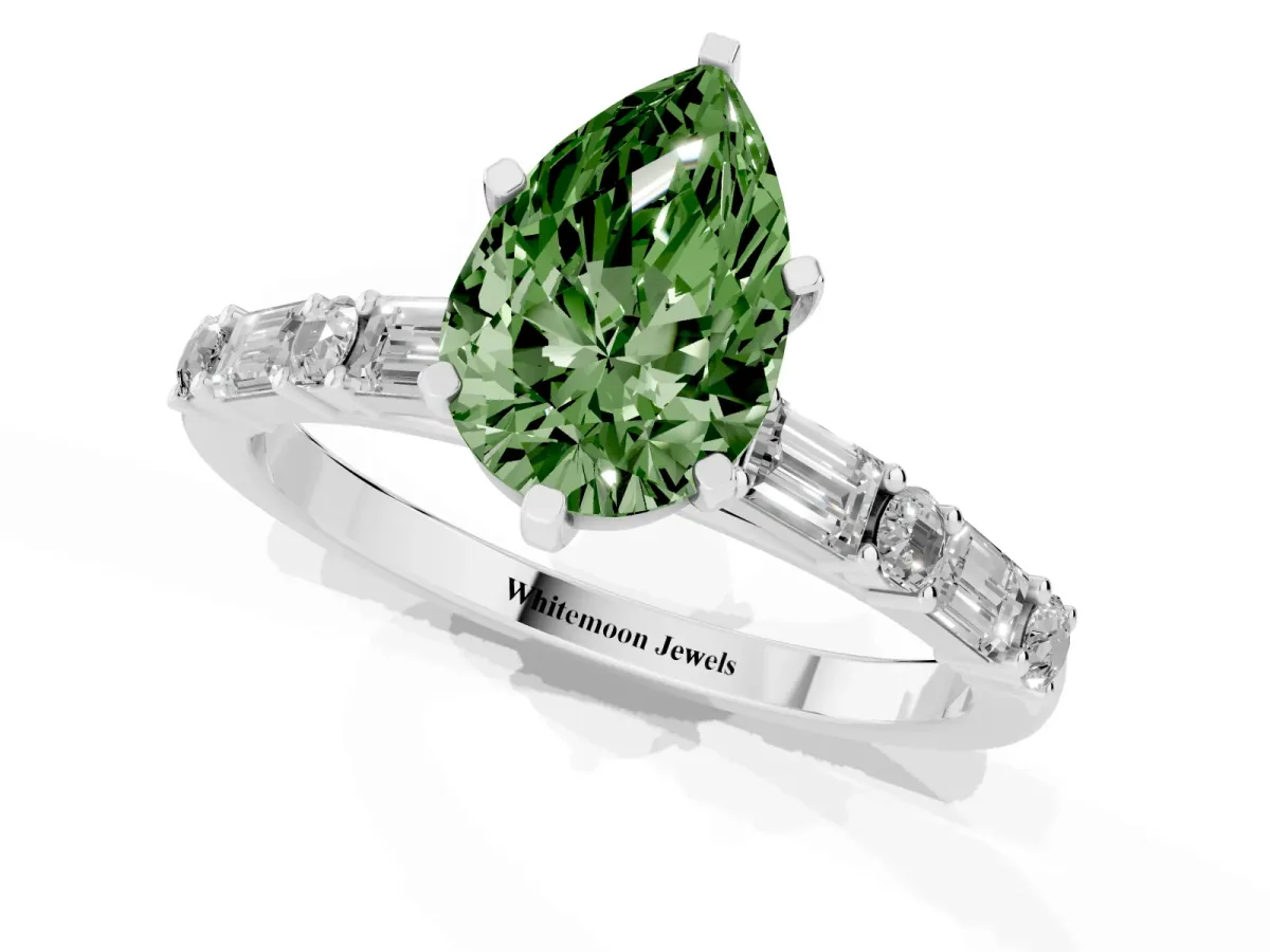 Fancy Green Pear Cut Diamond Solitaire with Side Baguettes and Channel Set Band Platinum