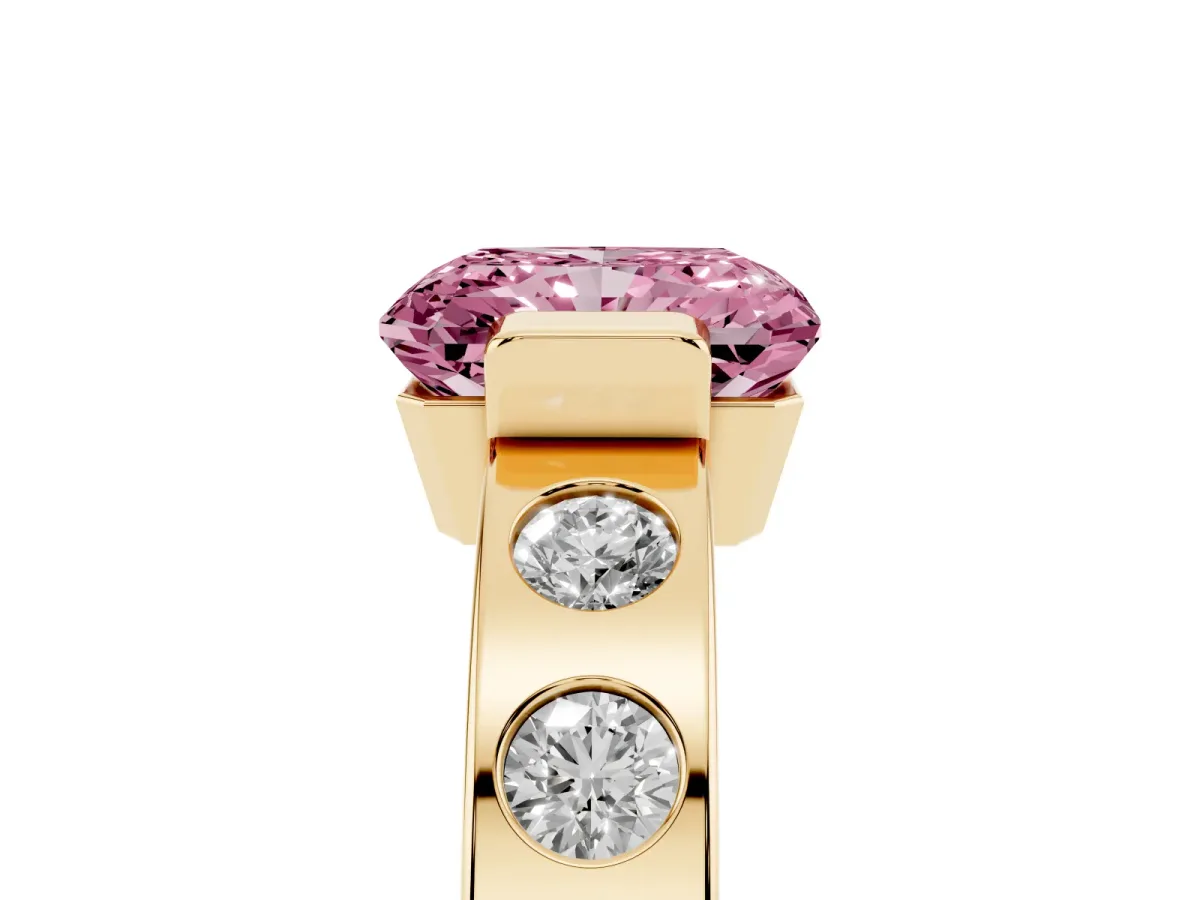 Fancy Pink Radiant Cut Brilliant Channel-Set Diamond Ring with Bezel Prong Setting Yellow gold