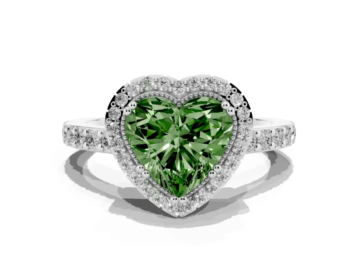 Fancy Green Heart Cut Cut Diamond Halo Engagement Ring with Milgrain Detail and Pavé Band Silver