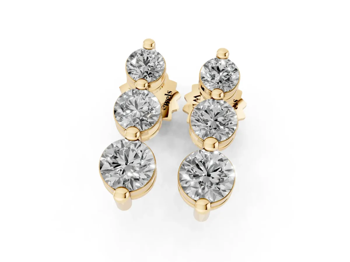 Three-Stone Round Diamond Drop Earrings with Prong Setting on White Gold Yellow gold