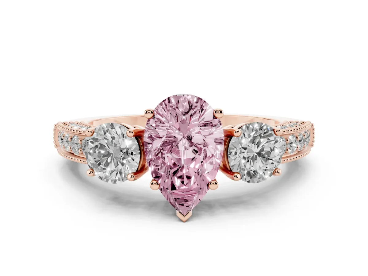 Fancy Pink Pear Cut Three-Stone Diamond Ring with Pavé Band and Four-Prong Setting Rose gold