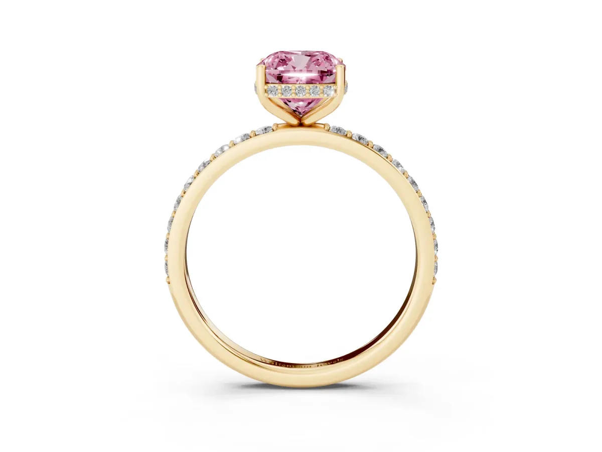 Fancy Pink Cushion Cut Diamond Solitaire Ring with Pavé Band and Hidden Halo Yellow gold