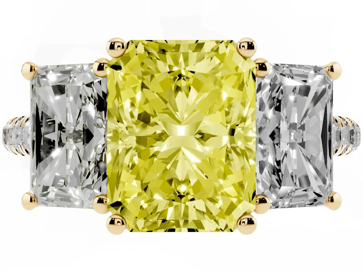 Fancy Yellow Three-Stone Radiant Cut Diamond Ring with Round Pavé Band and Prong Setting Yellow gold