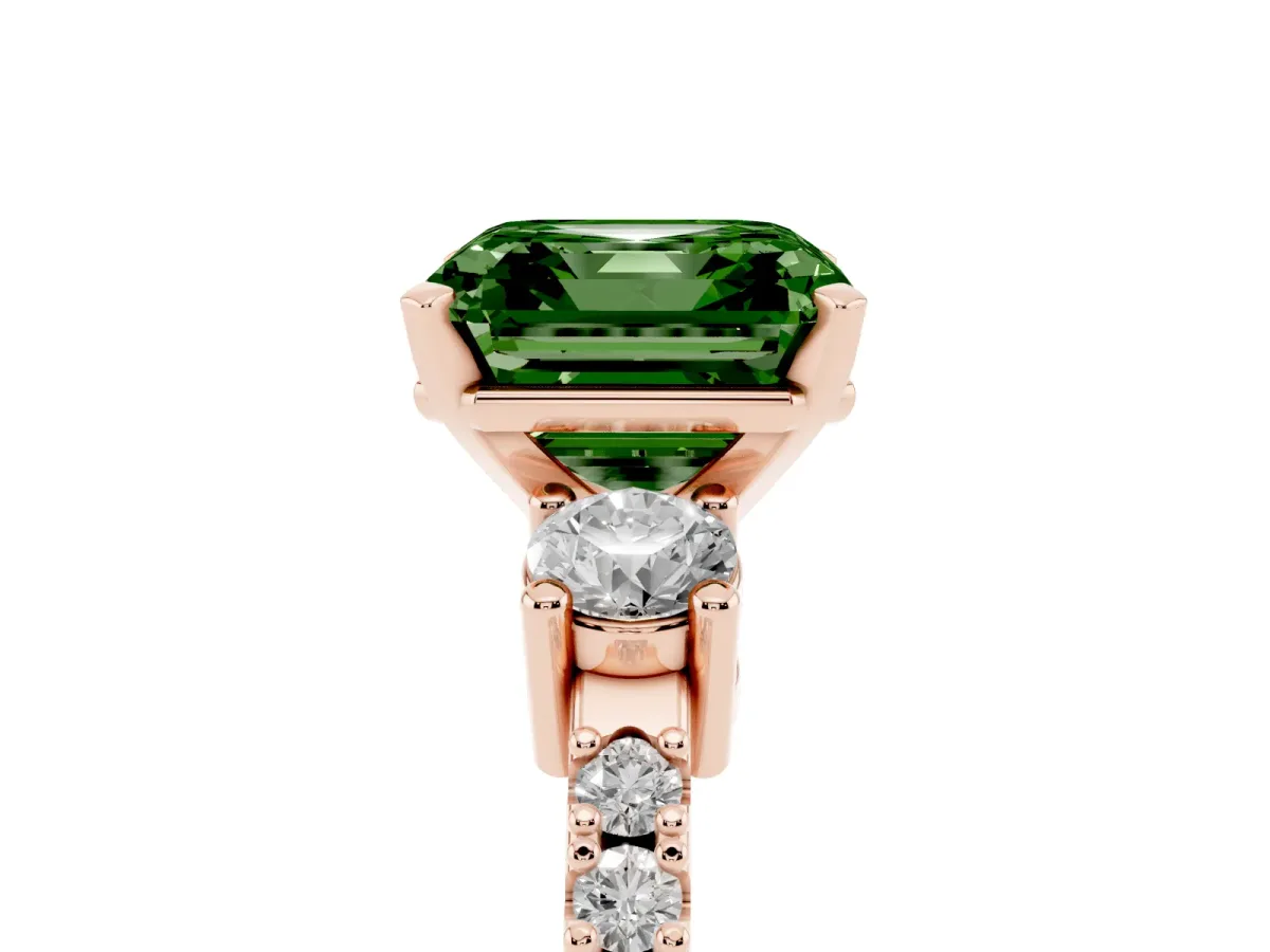 Fancy Green Asscher Cut Three-Stone Diamond Pavé Band with Prong Setting Rose gold