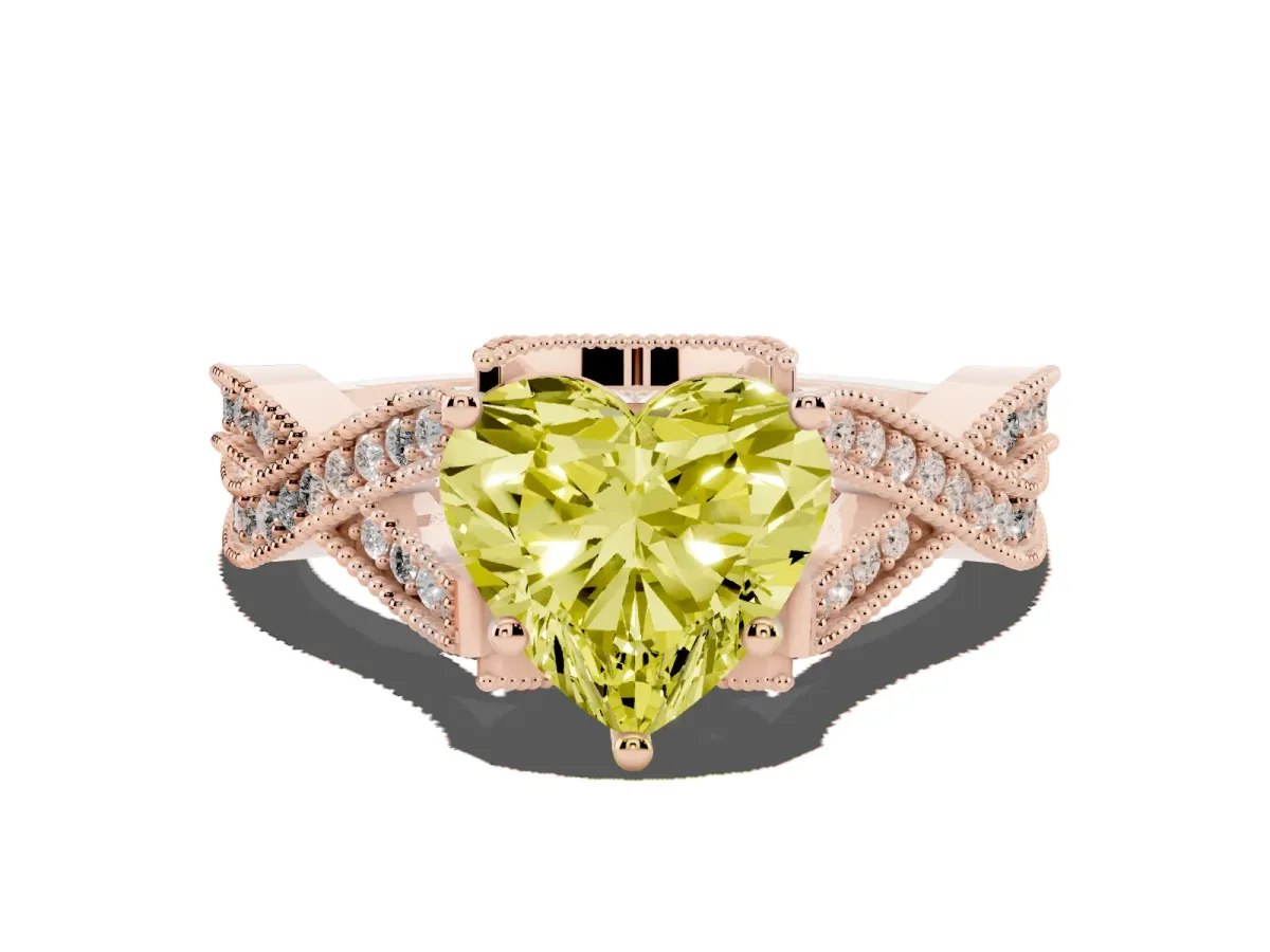 Fancy Yellow Heart Cut Cut Diamond Twisted Band with Milgrain Pave Setting and Four-Prong Setting Rose gold