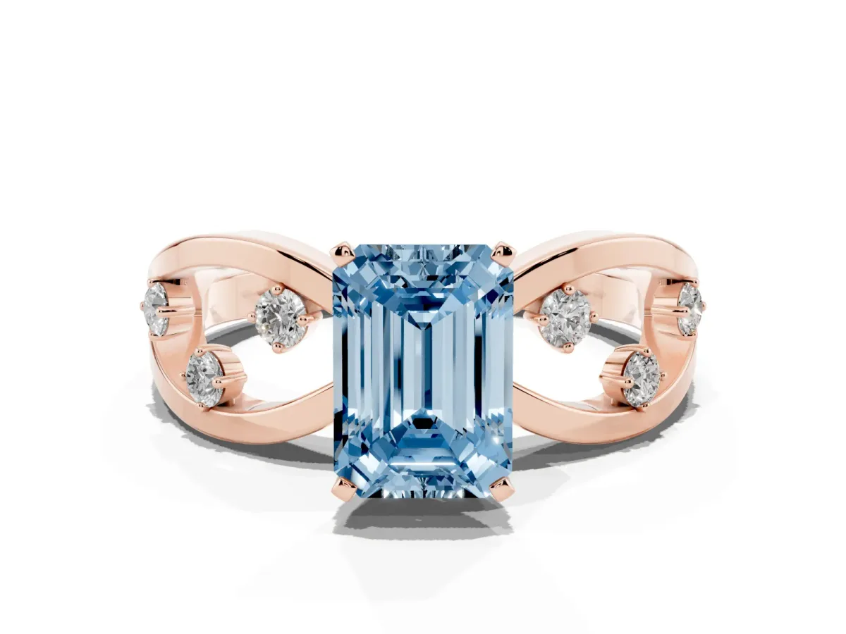 Fancy Blue Emerald Cut Cut Solitaire Diamond with Side Stones on Criss-Cross Band and Four-Prong Setting Rose gold