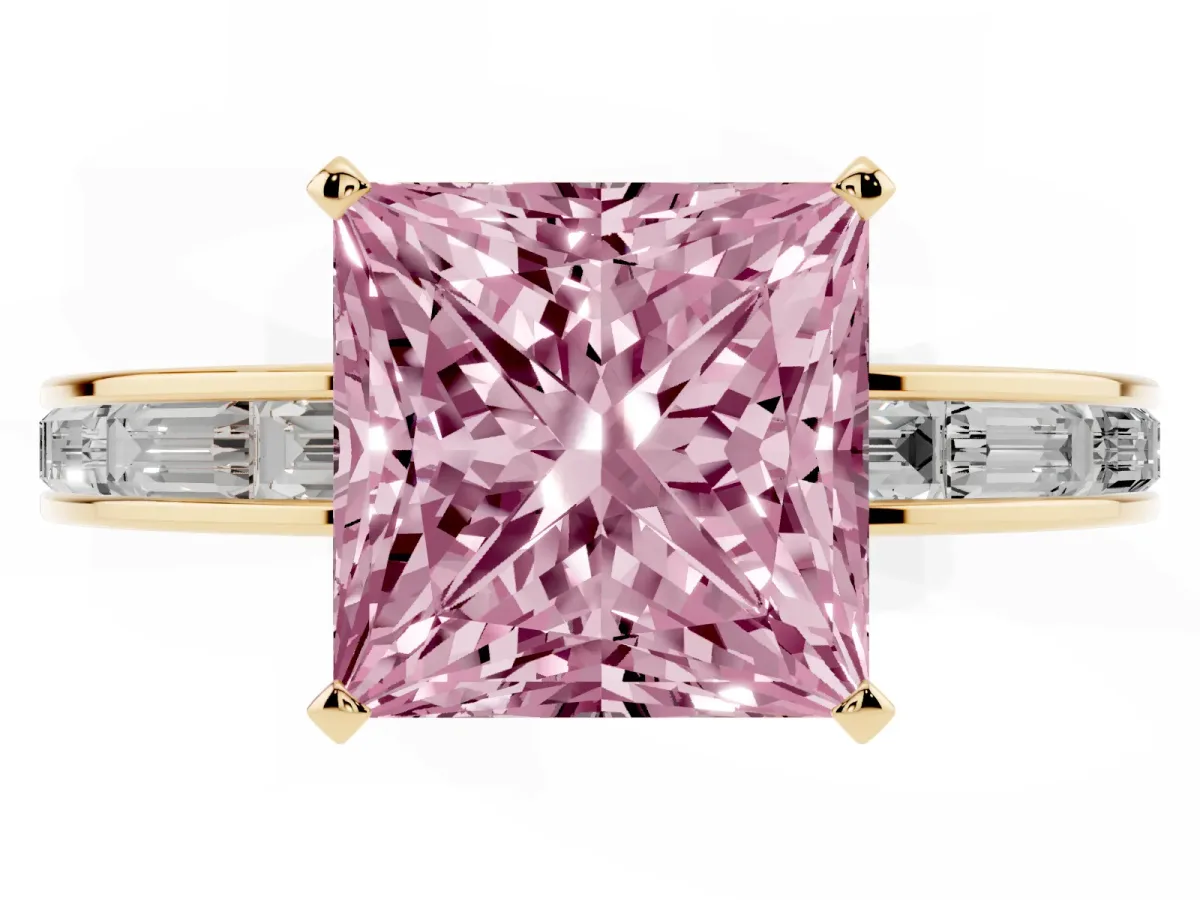 Fancy Pink Princess Cut Solitaire Diamond Ring with Channel-Set Baguette Band and Four-Prong Setting Yellow gold