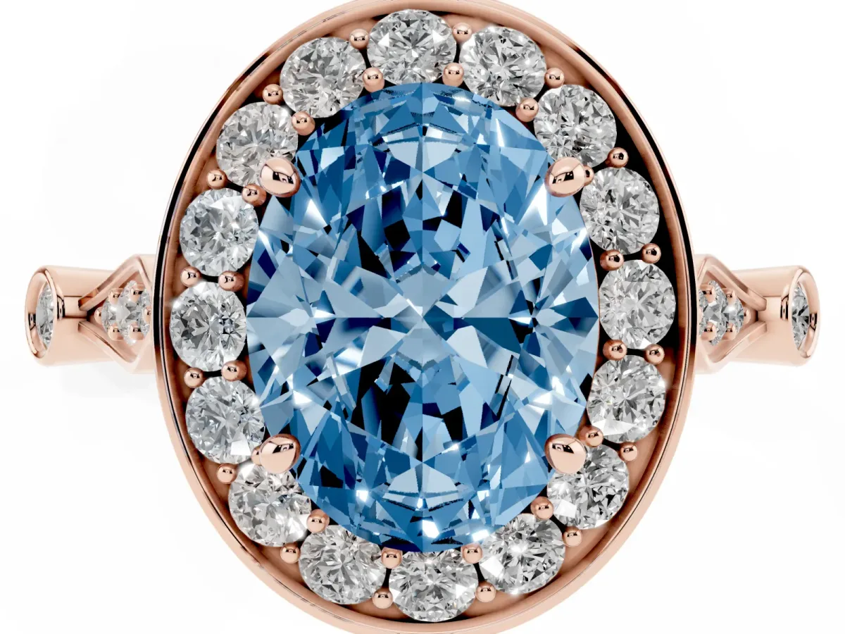 Fancy Blue Oval Cut Halo Diamond Engagement Ring with Twisted Band and Four-Prong Setting Rose gold