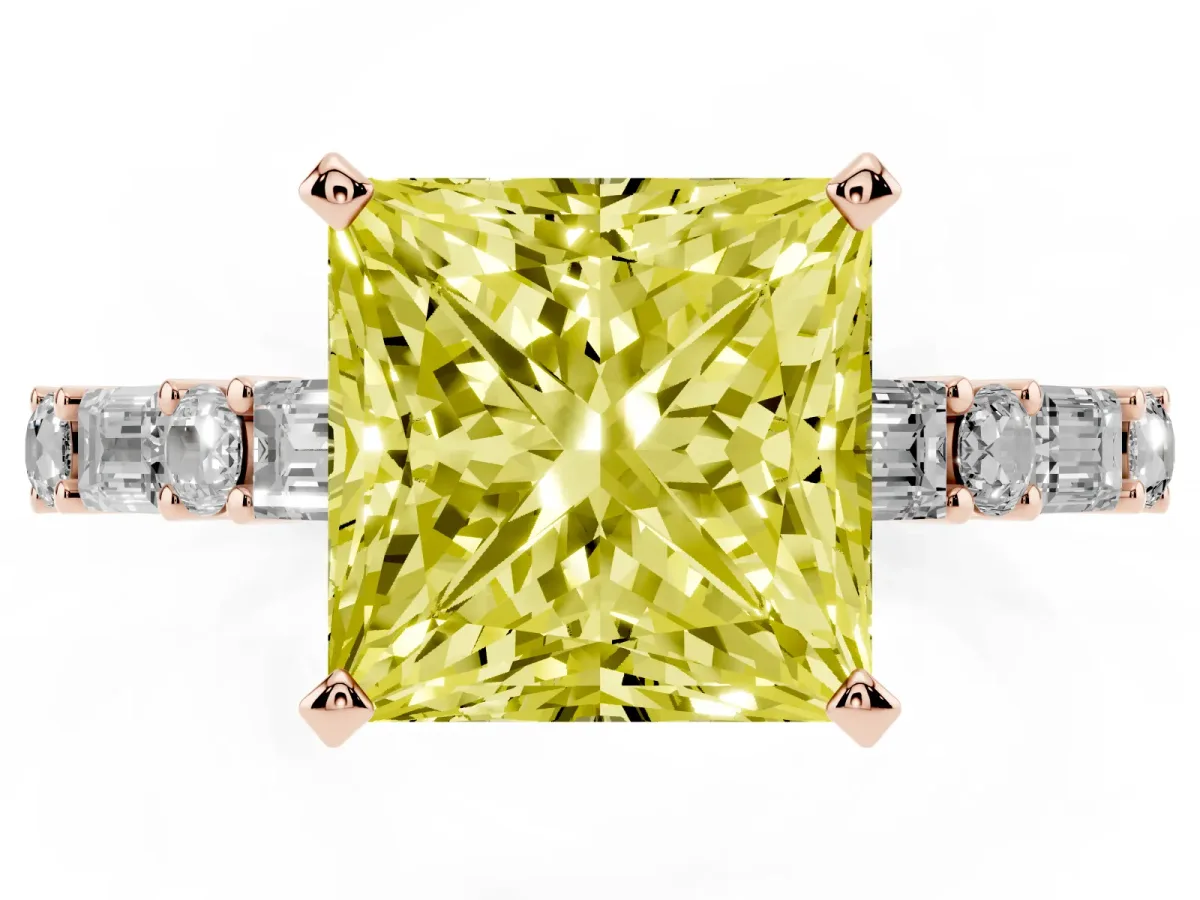Fancy Yellow Princess Cut Diamond Solitaire with Side Baguettes and Channel Set Band Rose gold