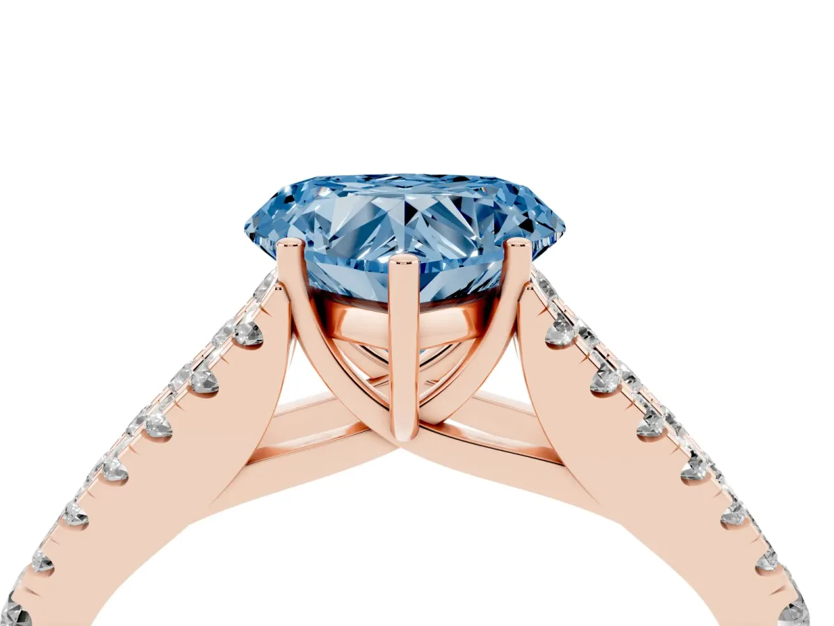 Fancy Blue Heart Cut Diamond Split Shank Engagement Ring with Round Pavé and Prong Setting Rose gold