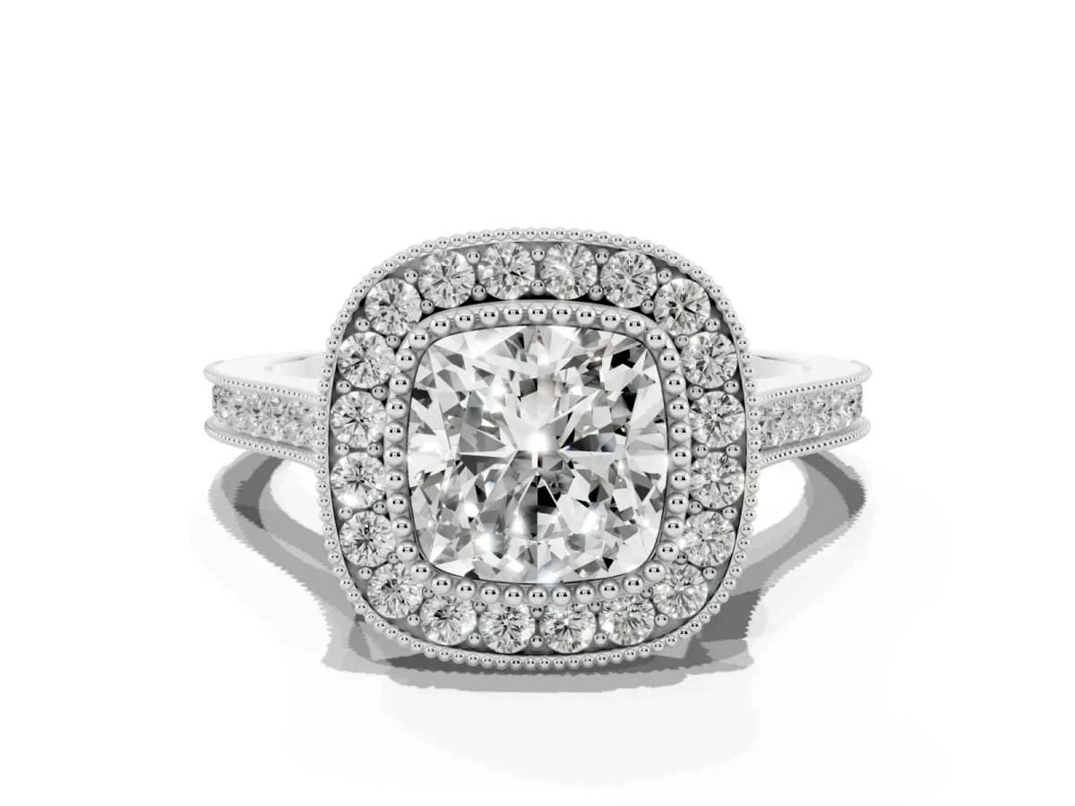 Cushion Cut Diamond Halo Ring with Milgrain Frame and Pavé Band Silver