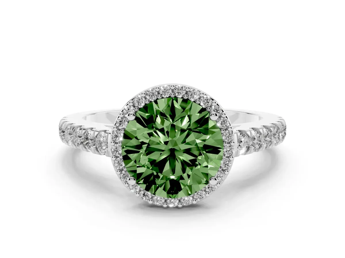 Fancy Green Round Cut Cut Halo Diamond Engagement Ring with Pave Band and Four-Prong Setting Platinum