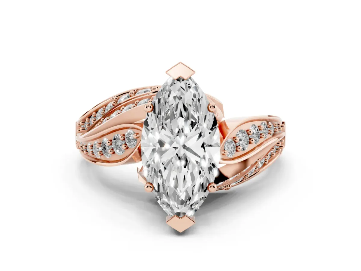 Marquise Cut Diamond Solitaire Ring with Prong Setting and Twisted Pavé Band Rose gold