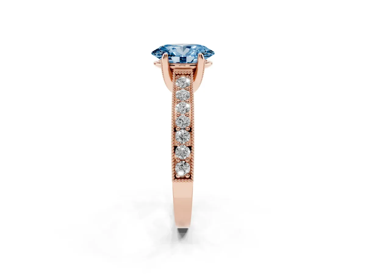 Fancy Blue Oval Cut Cut Diamond Solitaire Ring with Milgrain Pave Band and Four Prong Setting Rose gold