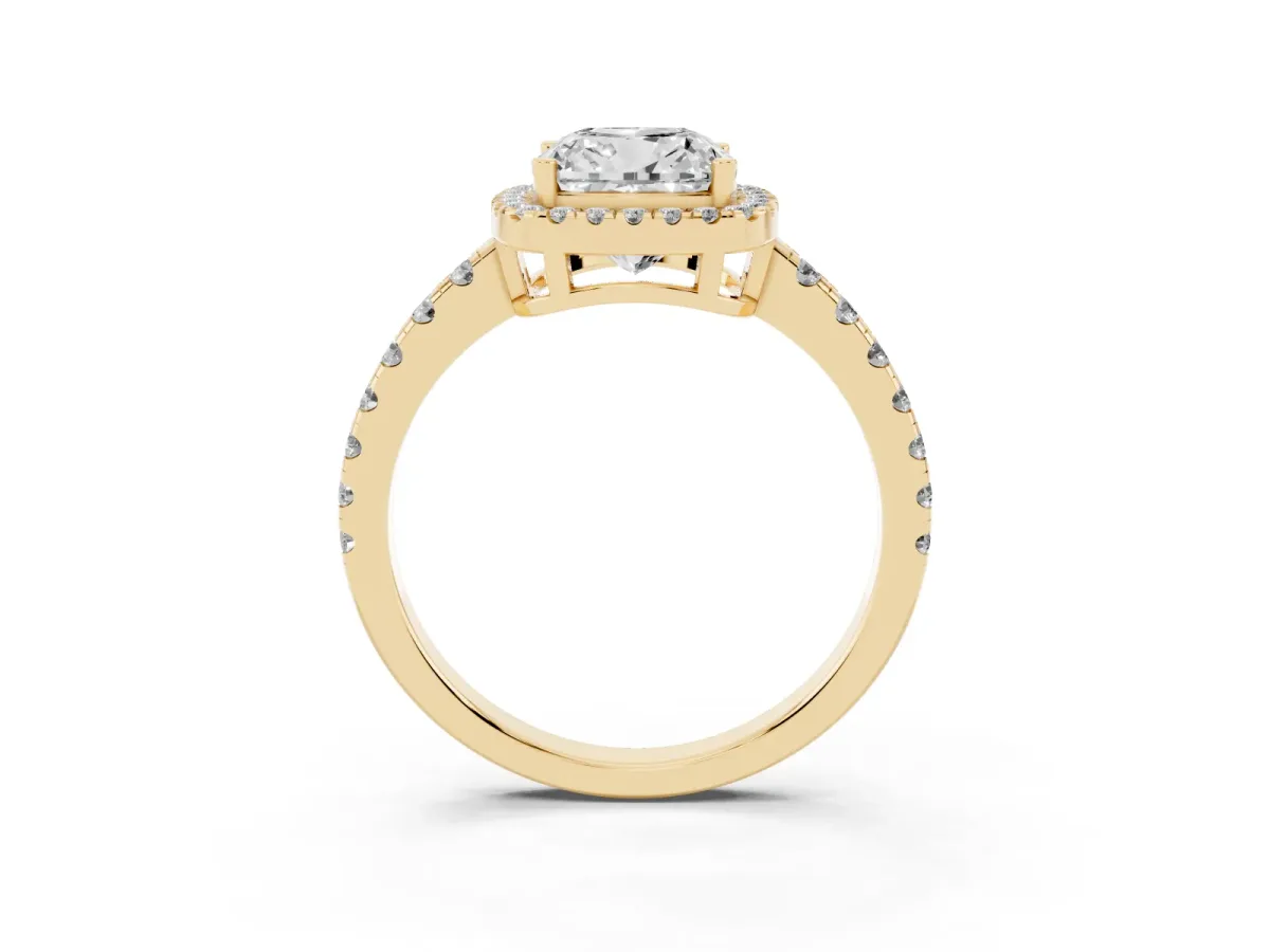 Cushion Cut Diamond Halo Ring with Pavé Band and Four-Prong Setting Yellow gold