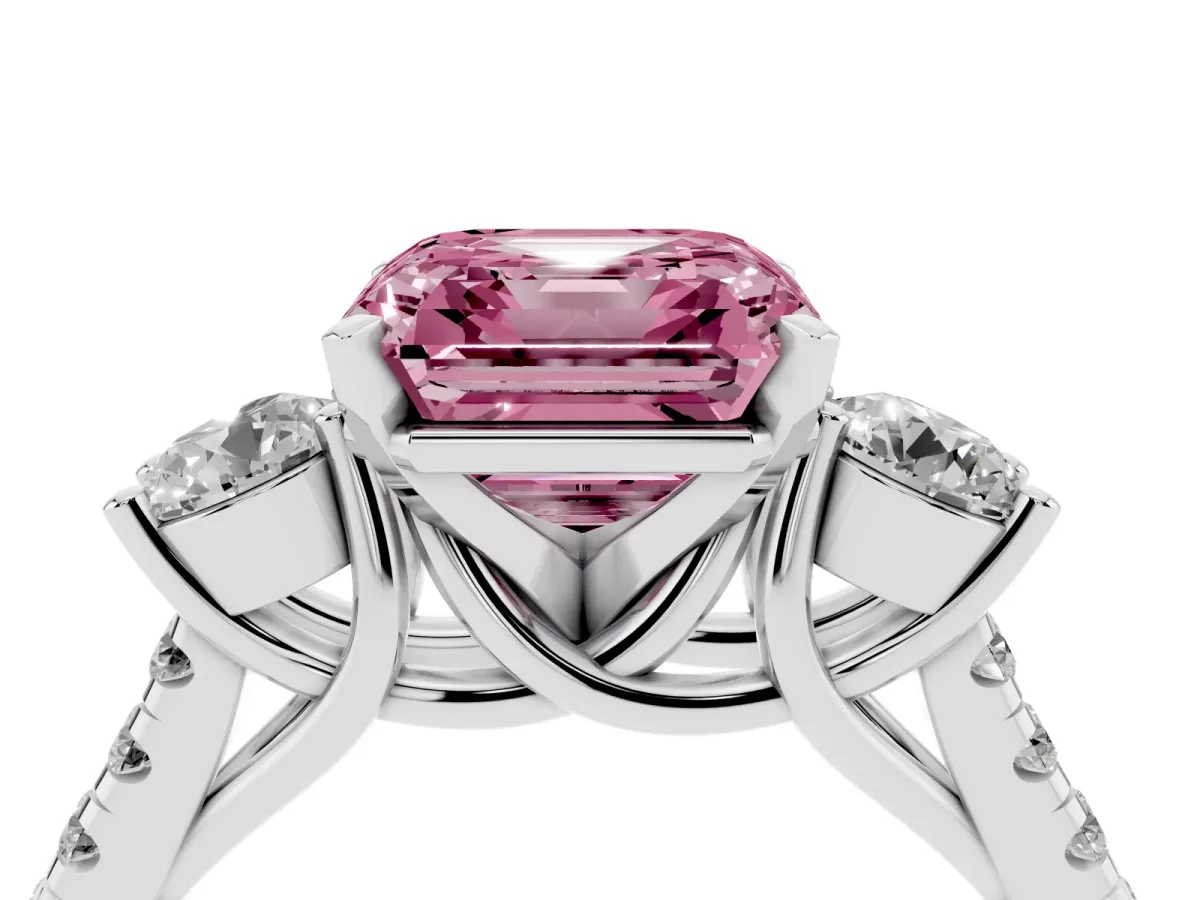 Fancy Pink Three-Stone Asscher Cut Diamond Pavé Band with Four-Prong Setting Platinum