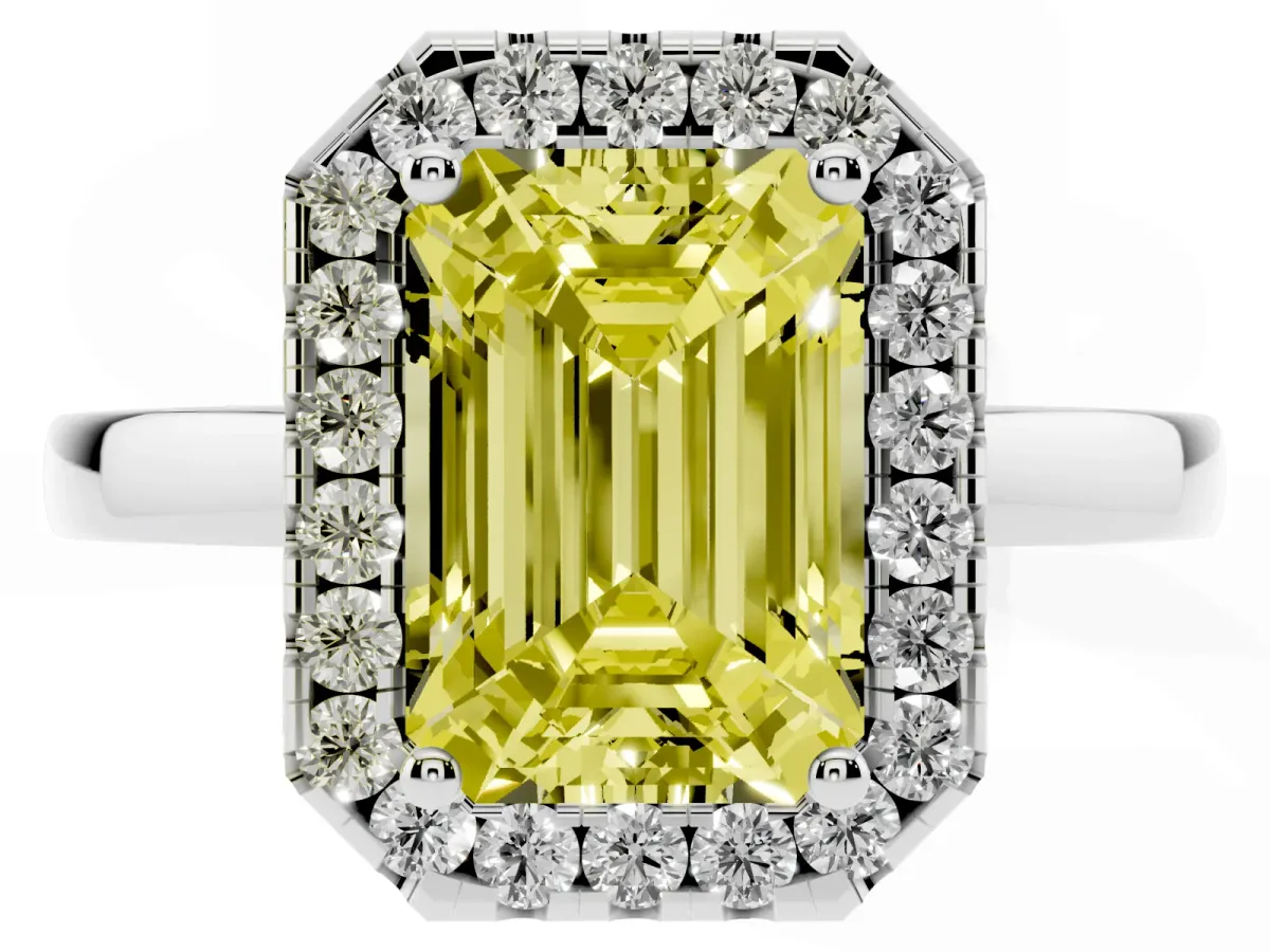 Fancy Yellow Emerald Cut Halo Diamond Solitaire with Pavé Band and Four-Prong Setting Platinum